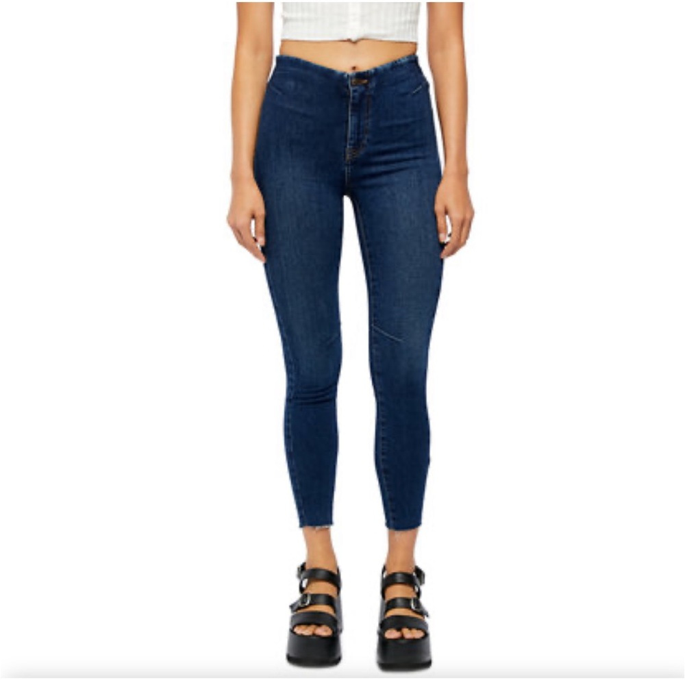 Womens Free People Miles away high waisted pull on skinny jean dark Wash raw hem